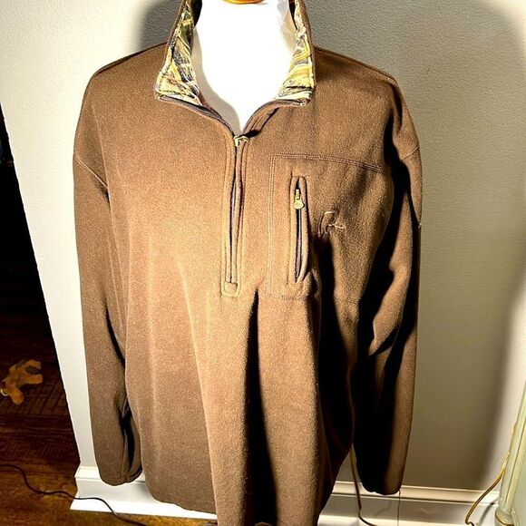 Ducks Unlimited Brown w/ Camo Col1ar 1/4 Zip Fleece Pullover Shirt Mens Sz XL. - Picture 1 of 4